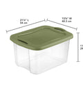 Heavy Duty 2 Pack 40 Quart Clear Plastic Storage Bins Stackable Totes With Secure Snap Lids And Grip Carry Handles showing a clear tote with green lid