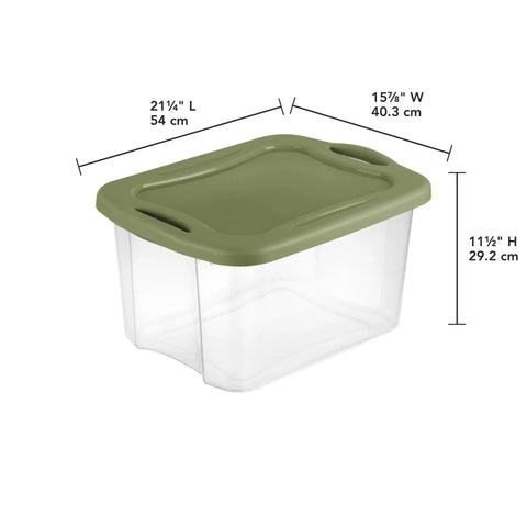 Heavy Duty 2 Pack 40 Quart Clear Plastic Storage Bins Stackable Totes With Secure Snap Lids And Grip Carry Handles showing a clear tote with green lid
