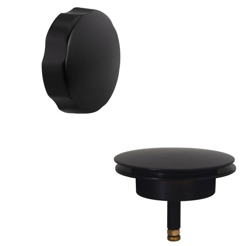 Heavy Duty Matte Black Bath Drain Plug With A Slick 35 Inch Cable Drive Pop Up Mechanism And Solid Brass Handle Designed For Low Profile Tubs That Run Tight And Hold Up Real Nice Every Single Time - close-up of matte black stopper and overflow handle.