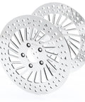 Heavy Duty Front Brake Rotor Pair Two Piece Set For Left Driver And Right Passenger Side Replacement Stainless Steel Silver Finish, detailed view of rotors.