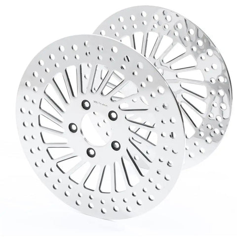 Heavy Duty Front Brake Rotor Pair Two Piece Set For Left Driver And Right Passenger Side Replacement Stainless Steel Silver Finish, detailed view of rotors.