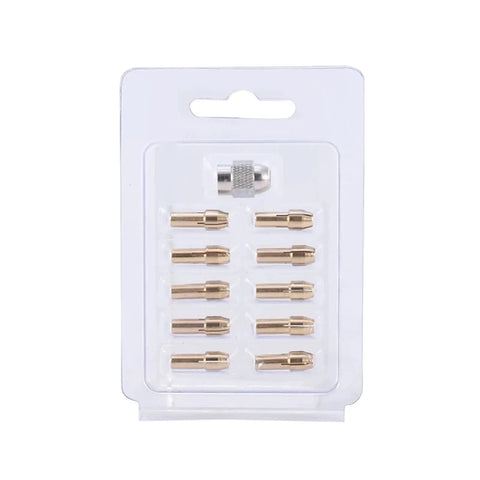Get Ready For High Power With These 3 Sets Of Mini Drill Brass Collet Chucks Perfect For Your Rotary Tools Offering Secure Grip For Bits From.5mm To 3.2mm And Built Lasting Durability No More Slipping Or Worn Out Gear For Any Serious DIY Pro Projects - Brass chuck set in packaging.