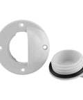 Transom Drain Valve For Boats, Nylon Scupper Drain With Deck Mounted Bung Stopper and gasket, shown in white.