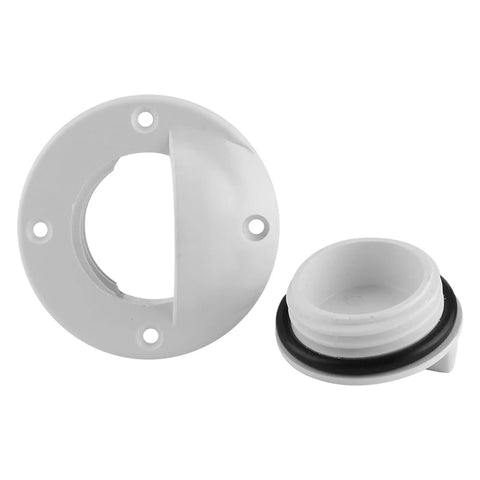 Transom Drain Valve For Boats, Nylon Scupper Drain With Deck Mounted Bung Stopper and gasket, shown in white.