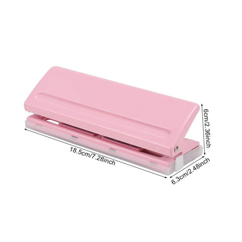 Pink adjustable 6 hole punch with 6 sheet capacity, durable metal, non-slip base, for A4 A5 A6 planners, 19mm 38mm 51mm 70mm spacing.