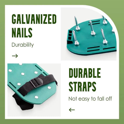 Lawn Aerator Shoes For Grass Health With Adjustable Straps And Heavy Duty Spikes One Size Fits All Green Spike Shoes close-up