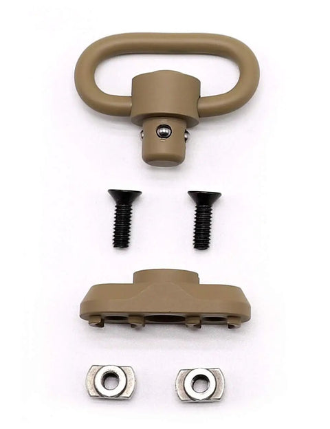 Rock Solid QD Sling Swivel and M System Rail Adapter with screws and nuts, bulletproof tan finish, tactical gear setup.