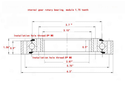 Diagram of Internal Gear Rotary Bearing Module For Pros 1.75 Teeth With 6.3 Inch Outer Diameter And 2.87 Inch Tooth Tip Circle, 8 Hole Mount.