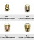 Brass inverted tube nuts for 3/16 brake line; 16-piece assortment in sizes 3/8-24, 7/16-24, 1/2-20, 9/16-18.