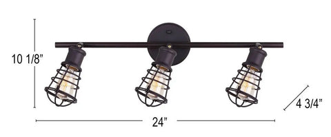 Otto 3 Light Track Lighting Fixture In Graphite With Metal Cage Shades Adjustable Heads Ceiling Or Wall Mount Uses 3 60W Type A Bulbs Not Included Industrial Vintage Finish, side view with dimensions.