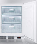Stainless Steel Upright Freezer With Ada Compliant Height And Heavy Duty Lock Built Like A Solid Workhorse To Keep Your Premium Coolers Deep Frozen Safe And Sorted For Any Commercial Space. Interior view showing three clear drawers.