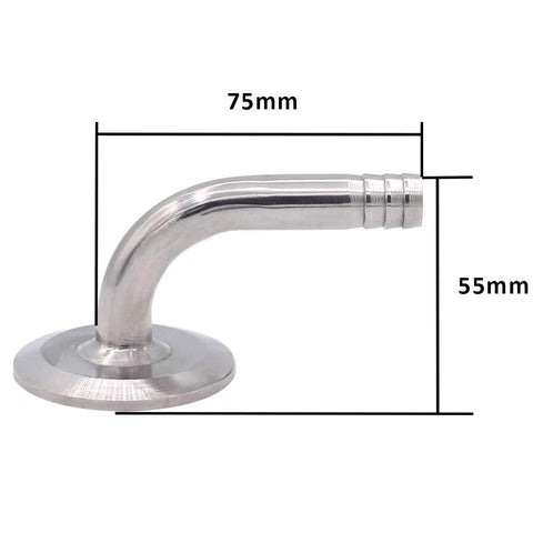 Side view of DERNORD sanitary hose barb 90-degree elbow fitting, stainless steel, 1/2 in tube OD, tri-clamp ferrule