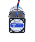 Front view of Nema 17 Stepper Motor With Planetary Gearbox Fifty To One Gear Ratio MG Series, showing labels and wiring