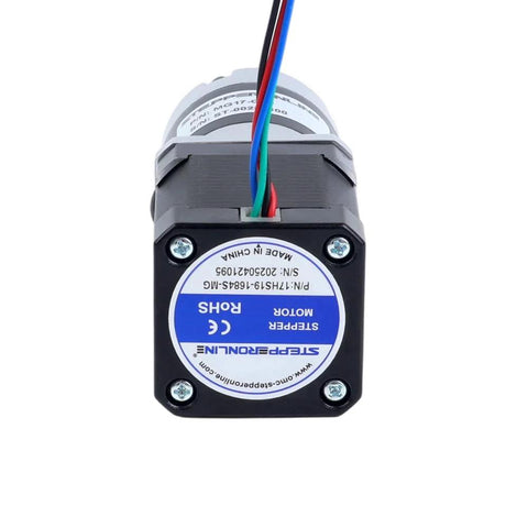 Front view of Nema 17 Stepper Motor With Planetary Gearbox Fifty To One Gear Ratio MG Series, showing labels and wiring