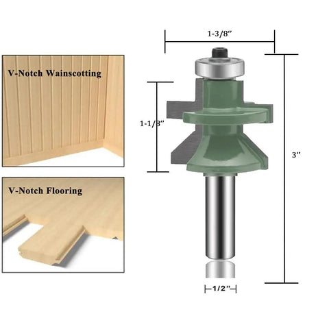 Two Pack 1/2 Inch Shank Tongue And Groove Router Bit Set For Flooring And Cabinet Doors With V Notch Wainscotting And Edge Banding Pro Grade Tungsten Carbide Bits with dimensions