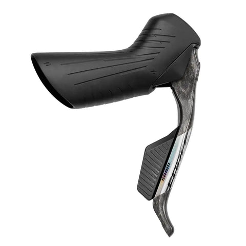 Close-up of Force eTap AXS HRD Shift And Brake Lever, right rear wireless electronic shifting, carbon lever, black.