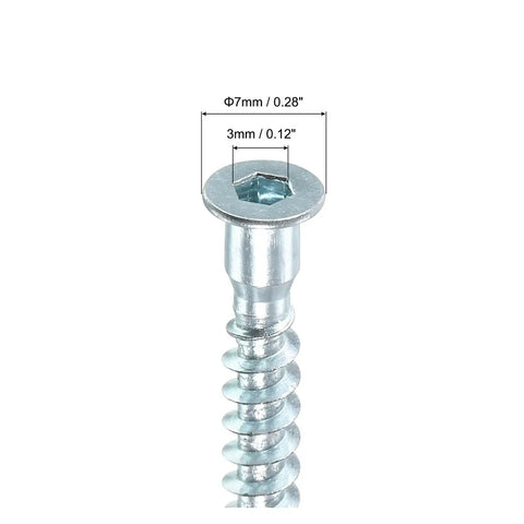 Close-up of Confirmat Screws Set 20 50 100 Pcs Zinc Plated Hex Socket Countersunk Self Tapping, 7x59mm for furniture and woodworking.