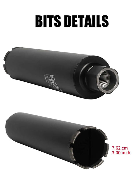 TEHify 3-inch wet diamond core drill bit with 1-1/4 inch threaded shank, black metal body and segmented cutting head.