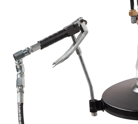 Close-up of 50 to 1 Ratio Air Operated Grease Pump Kit for 5 Gallon Bucket With Trolley Mounted Setup showing grease valve and hose