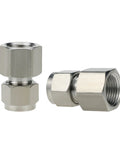 Front view: two stainless steel 304 straight compression fittings for 3/8 in O.D. tubing to 3/8 in NPT female threads.