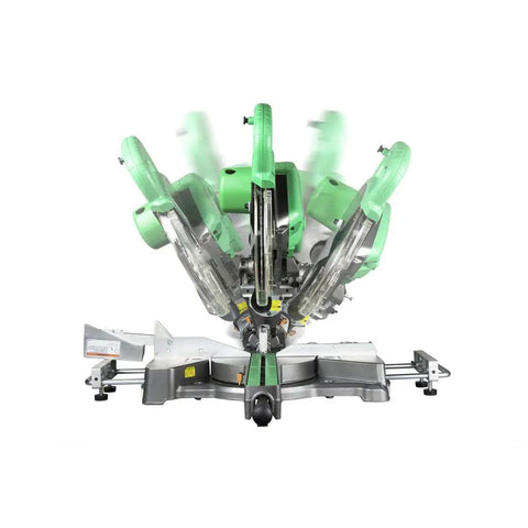10 Inch Sliding Compound Miter Saw With Adjustable Laser Guide, Double Bevel, 12 Amp Motor, showing movement of blade and fence