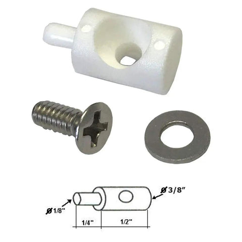 Heavy Duty White Nylon Hinge Bushing Pin Kit Three Eighth Inch Diameter For Continuous Shower Door Hinges parts including pin, screw, washer.
