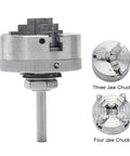 Shop Tough Zinc Alloy Four Jaw Self Centering Wood Turning Chuck Kit with connecting rod and three jaw chuck detail.