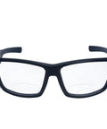 Front view of Rock Solid Safety Bifocal Glasses With Side Shields, black frames with clear lenses, ergonomic fit for comfort.
