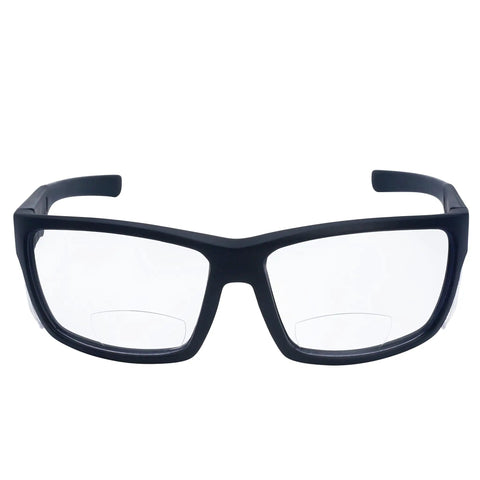 Front view of Rock Solid Safety Bifocal Glasses With Side Shields, black frames with clear lenses, ergonomic fit for comfort.