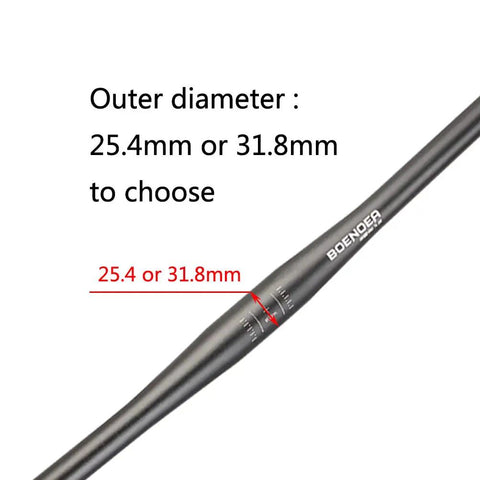 Close-up of Bike Riser Handlebar 25.4 to 31.8mm, 620mm Length, Aluminum Alloy, with diameter markings and logo visible.