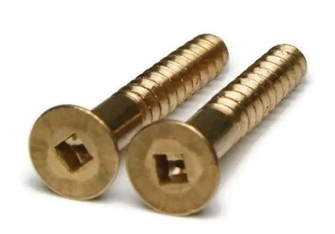 Top Shelf Silicon Bronze Wood Screws For Deck Building And Outdoor Carpentry slotted flat head view of two screws showing design and finish.