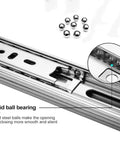Heavy Duty Three Section Drawer Slides And Industrial Runner Tracks With Solid Mounting Brackets For Zero Sag Cabinet, showing solid ball bearings.