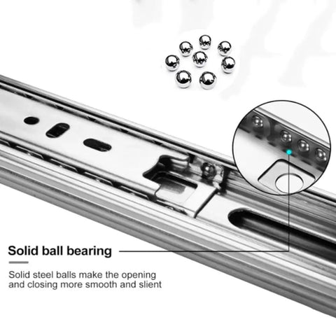 Heavy Duty Three Section Drawer Slides And Industrial Runner Tracks With Solid Mounting Brackets For Zero Sag Cabinet, showing solid ball bearings.