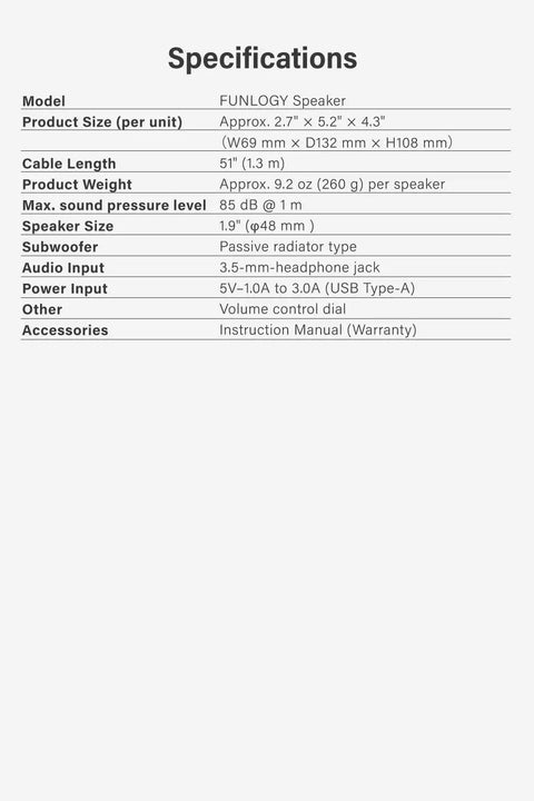 Specifications sheet for 14W USB Powered Stereo PC Speakers With Compact Size And 30 Degree Tilt Design Volume Dial Control.