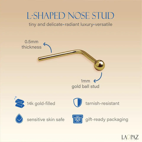 14K Gold Filled L Shaped Nose Stud With Tiny 1mm Micro Ball, 24G Thin Post 0.5mm, Hypoallergenic Minimalist Nostril Piercing Jewelry For Women, Tarnish Resistant And Water Safe For Daily Wear.