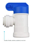 Quarter Inch Female Elbow Shut Off Valve With NPTF Thread Push To Connect Plastic Plumbing Fitting, side view