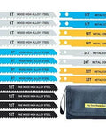 20-piece universal jig saw blade set for wood, plastic and metal with color-coded blades (6T–32T) and blue carrying bag