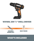 20V Drill Driver Built For Big Jobs With Three Eighths Inch Chuck, Beefy Speed And Torque, shown with double-ended bit and belt hook.
