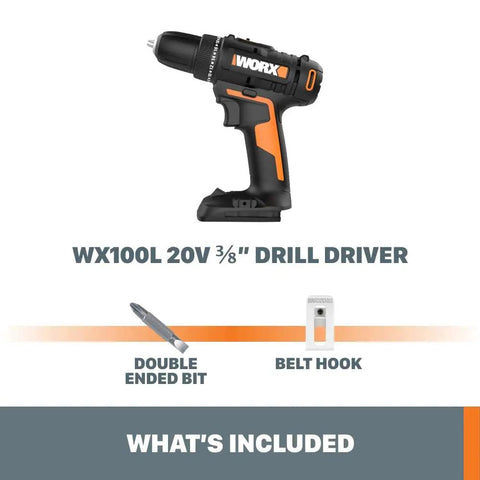 20V Drill Driver Built For Big Jobs With Three Eighths Inch Chuck, Beefy Speed And Torque, shown with double-ended bit and belt hook.