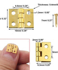 Gold Mini Brass Hinges Set For Dollhouse And Tiny Furniture, 10x8mm, with mounting nails, shown with measurement details.