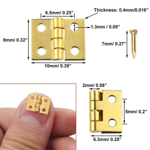 Gold Mini Brass Hinges Set For Dollhouse And Tiny Furniture, 10x8mm, with mounting nails, shown with measurement details.