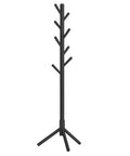 Solid Wood Free Standing Coat Rack Tree Shaped With Eight Hooks And Three Height Options For Clothes Hats Bags In Living Room Bedroom Or Home Office Black Finish
