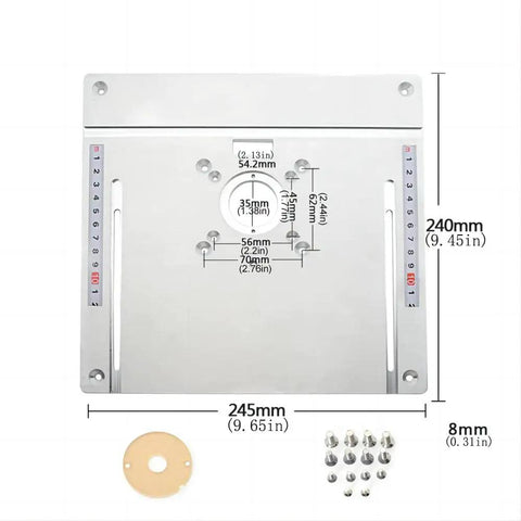 Precision Aluminum Router Table Insert Plate With Miter Gauge Guide Fence Sliding Brackets, 245mm, showing dimensions and features.