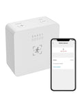 Zigbee Motion Sensor R1 with Adjustable Sensitivity and Real Time Alerts, hub required, next to smartphone app interface.