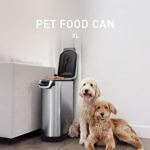 X Large Pet Food Storage Container with Airtight Seal next to dogs, stainless steel, holds 36 to 44 lb of dry food.