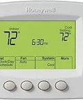 Wireless FocusPro Programmable Thermostat With RedLink, easy horizontal mount, showing digital display with controls and temperature.
