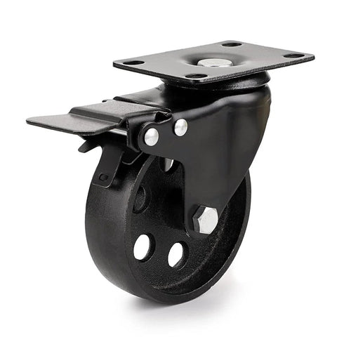 Heavy Duty 4 Inch Cast Iron Swivel Plate Caster with Dual Locking Brakes for Tables and Carts, 2000 Lb Total Capacity, side view