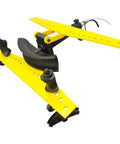 Beast Mode 21 Ton Electric Hydraulic Pipe Bender With Ten Steel Dies For Seven Eighths Through Four Inch Round Tubing Ninety Degree Bend heavy-duty yellow and black pipe bending tool.