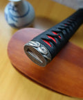 Dope DIY Tsuka Sword Handle Kit Ten Point Two Inch for Samurai Katana with alloy copper iron fittings, viewed from angle showing end cap