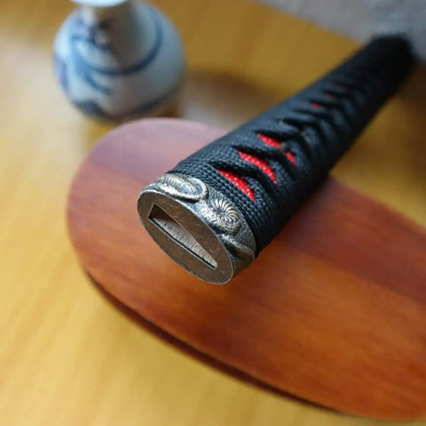 Dope DIY Tsuka Sword Handle Kit Ten Point Two Inch for Samurai Katana with alloy copper iron fittings, viewed from angle showing end cap